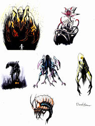  1_eye 2010 2_limbs 3_fingers 3_toes 6_legs alien ambiguous_gender antennae_(anatomy) arthropod astronaut barbel_(anatomy) cinemamind colored exoskeleton feet feral fingers group humanoid mantis_arms monster multi_limb prehensile_feet ribs signature simple_background sketch_page tentacle toes white_background yellow_eyes 