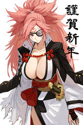  baiken big_hair black_jacket black_kimono breasts cleavage eyepatch facial_tattoo female guilty_gear guilty_gear_strive highres jacket jacket_on_shoulders japanese_clothes katana kimono large_breasts long_hair looking_at_viewer multicolored_clothes multicolored_kimono one-eyed open_clothes open_kimono pink_hair ponytail purple_z red_eyes samurai scar scar_across_eye sword tattoo torn_sleeve weapon 