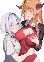  2girls absurdres alternate_costume amane_kanata blonde_hair blue_hair blush breasts chinese_clothes cleavage_cutout clothing_cutout covered_navel dragon_girl dragon_horns facing_another flat_chest hair_intakes hair_ornament hairpin highres hololive horns hug kiryu_coco large_breasts leotard long_hair looking_at_viewer multiple_girls oerba_yun_fang orange_hair parted_lips pepq pink_eyes pointy_ears purple_eyes red_leotard short_hair skin_fang skin_tight smile upper_body virtual_youtuber white_background white_hair 