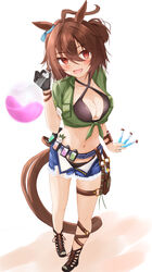  absurdres agnes_tachyon_(lunatic_lab)_(umamusume) agnes_tachyon_(umamusume) ahoge animal_ears bad_feet beach belt belt_pouch bikini black_belt black_bikini black_footwear black_gloves blue_shorts border breast_pocket breasts brown_eyes brown_hair canister cleavage cloud criss-cross_halter diffraction_spikes ear_ornament female flask full_body gloves green_jacket grey_border hair_between_eyes halterneck highres holding holding_flask horse_ears horse_girl horse_tail huge_ahoge jacket kii-kun_(agnes_tachyon)_(umamusume) kudo_(user_dzch8572) leather_strap lens_flare mandrake medium_hair messy_hair midriff navel official_alternate_costume official_alternate_hairstyle open_clothes open_fly open_shorts outside_border pocket pouch short_ponytail short_shorts shorts sidelocks single_glove swimsuit tail thigh_belt thigh_strap tied_jacket torn_clothes torn_shorts umamusume wrist_straps 