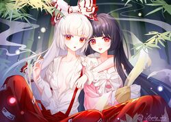  2girls :p absurdres arm_around_neck bamboo black_hair blunt_bangs bow bowtie breasts chinese_commentary cigarette cleavage collarbone commentary_request feet_out_of_frame fujiwara_no_mokou hairbow highres hime_cut holding holding_cigarette houraisan_kaguya kongmaosama long_hair long_sleeves looking_at_viewer multiple_girls open_mouth pants partially_unbuttoned pink_shirt red_bow red_eyes red_pants red_skirt shirt shoulder-to-shoulder single_bare_shoulder skirt smoke suspenders suspenders_slip tongue tongue_out torn_bow torn_bowtie torn_clothes torn_shirt torn_sleeves touhou two-tone_bow white_bow white_bowtie white_hair white_shirt yuri 