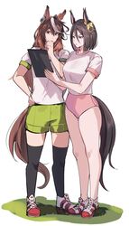  2girls absurdres air_groove_(umamusume) animal_ears black_thighhighs bojue_(hakus_1128) breasts brown_hair buruma clipboard commentary ear_ornament earrings full_body green_shorts hair_between_eyes highres holding holding_clipboard horse_ears horse_girl horse_tail jewelry medium_breasts multicolored_hair multiple_girls original_race_uniform_(umamusume) pink_buruma puffy_short_sleeves puffy_sleeves purple_eyes shirt shoes short_hair short_sleeves shorts simple_background single_earring sneakers standing streaked_hair symbol-only_commentary symboli_rudolf_(umamusume) tail thighhighs umamusume white_background white_hair white_shirt 