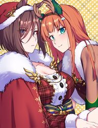  2girls air_groove_(are_you_merry?)_(umamusume) air_groove_(umamusume) alternate_costume animal_costume animal_ears antlers aqua_eyes blue_eyes breasts brown_hair cape cleavage dress ear_covers ears_through_headwear fake_antlers hat highres horns horse_ears horse_girl large_breasts looking_at_viewer multiple_girls official_alternate_costume orange_hair plaid plaid_dress red_cape red_dress reindeer_antlers reindeer_costume santa_hat short_hair silence_suzuka_(umamusume) smile sugamo_(rainysnowy108) umamusume 