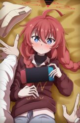  ahoge alternate_costume alternate_hairstyle beanie bed blue_archive blue_eyes blush braid commentary danut female hair_between_eyes hair_ornament halo handheld_game_console hat highres long_braid long_hair maki_(blue_archive) maki_(camp)_(blue_archive) nintendo_switch pov pov_hands red_hair sweat twin_braids unworn_hat unworn_headwear 