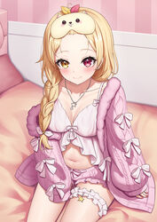  bangs_pinned_back blonde_hair blush braid breasts camisole cleavage closed_mouth collarbone commentary_request female forehead frilled_camisole frilled_shorts frills heterochromia highres hoshikawa_sara hoshikawa_sara_(7th_costume) indoors jacket kag_tsukimi large_breasts long_sleeves looking_at_viewer loungewear midriff navel nijisanji official_alternate_costume official_alternate_hairstyle pink_jacket pink_shorts puffy_long_sleeves puffy_sleeves red_eyes shorts single_braid sitting sleep_mask sleeves_past_wrists smile solo thigh_strap virtual_youtuber white_camisole yellow_eyes 