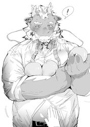  ! aqua_skin bara beard belly belly_rub betukusa blush cowboy_shot dragon_boy dragon_horns facial_hair food fruit full_beard furry furry_male greyscale highres horns huge_eyebrows long_mustache male_focus monochrome motion_lines moustache necktie oerba_yun_fang partially_unbuttoned peach pectorals plump pov pov_hands qinglong_(housamo) shirt skin_fang solo_focus spoken_exclamation_mark thick_beard tokyo_afterschool_summoners two-tone_beard undone_necktie wet wet_clothes wet_shirt yaoi 