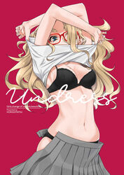  arms_up black_bra black_panties blonde_hair blue_eyes bra breasts clothes_lift comiket_97 cover cover_page dekomegane doujin_cover female glasses grey_skirt long_hair looking_at_viewer medium_breasts mole mole_on_breast navel open_clothes open_skirt original panties pleated_skirt red-framed_eyewear red_background sasetsu shirt shirt_lift simple_background skirt solo thick_eyebrows underwear undressing upper_body white_shirt 