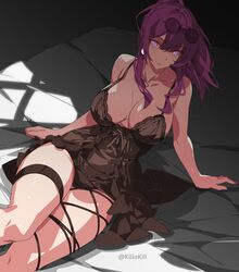  alternate_costume bare_shoulders black_nightgown breasts collarbone earrings eyewear_on_head female hair_between_eyes highres honkai:_star_rail honkai_(series) jewelry kafka_(honkai:_star_rail) kili_kilio lace-trimmed_nightgown large_breasts lingerie long_hair looking_at_viewer nightgown panties purple_eyes purple_hair smile solo sunglasses thigh_strap thighs underwear 