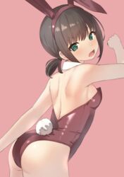  animal_ears ass bare_legs black_hair breasts detached_collar fake_animal_ears female fubuki_(kancolle) green_eyes kantai_collection leotard looking_at_viewer low_ponytail medium_hair pink_background playboy_bunny ponytail rabbit_ears rabbit_tail red_leotard sakieko short_ponytail sidelocks small_breasts solo standing strapless strapless_leotard tail 