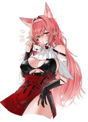  animal_ear_fluff animal_ears arknights ascot bare_shoulders black_bra black_gloves blush bra breasts cleavage clothing_cutout commentary detached_collar detached_sleeves elbow_gloves envelope extra_ears female gloves hair_intakes highres holding holding_envelope horn/wood large_breasts long_hair looking_at_viewer open_mouth parted_bangs pink_eyes pink_hair pozyomka_(arknights) red_skirt shoulder_cutout side_slit simple_background single_detached_sleeve skirt solo underwear upper_body white_ascot white_background 