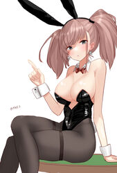  alternate_costume alternate_hairstyle animal_ears atlanta_(kancolle) black_leotard black_pantyhose bow bowtie breasts brown_hair commentary_request detached_collar earrings feet_out_of_frame female grey_eyes index_finger_raised jewelry kantai_collection large_breasts leotard long_hair pantyhose playboy_bunny rabbit_ears rabbit_tail red_bow red_bowtie simple_background sitting solo star_(symbol) star_earrings strapless strapless_leotard table tail tetsukuzu_(yajirushi_shita) thighband_pantyhose twintails white_background wrist_cuffs 