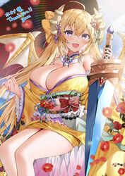  :d blonde_hair blurry blush breasts cleavage commentary_request commission depth_of_field dragon_girl dragon_horns dragon_wings eldora_(sennen_sensou_aigis) female flower gem hair_between_eyes hair_flower hair_ornament highres holding holding_sword holding_weapon horns japanese_clothes kimono large_breasts long_hair looking_at_viewer obi purple_eyes red_flower sash sennen_sensou_aigis sitting skeb_commission smile solo sword very_long_hair weapon wings yam_(yamap_mako) yellow_kimono 