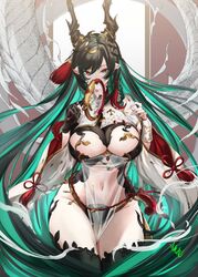  black_gloves black_hair black_thighhighs breast_cutout breasts cleavage cleavage_cutout clothing_cutout colored_inner_hair detached_sleeves dragon dragon_girl dragon_horns draph dress eastern_dragon female fingerless_gloves gloves gradient_hair granblue_fantasy green_eyes green_hair hair_ornament horn_ornament horns large_breasts leotard long_hair looking_at_viewer multicolored_eyes multicolored_hair navel navel_cutout payila_(granblue_fantasy) pelvic_curtain pointy_ears red_eyes see-through see-through_dress solo stomach_cutout tassel tassel_hair_ornament thighhighs tuanshan two-tone_eyes two-tone_hair very_long_hair white_gloves youmou_usagi 