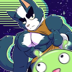  1:1 abs alien ambiguous_gender anthro avocato digital_media_(artwork) domestic_cat duo felid feline felis final_space fizzyjay fur hi_res looking_at_viewer male mammal mooncake_(final_space) muscular muscular_male pecs solo ventrexian 