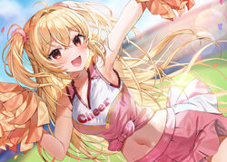  :d absurdres ahoge blonde_hair blurry blurry_background blush cheerleader commission confetti crop_top dated_commentary day female highres holding holding_pom_poms lens_flare long_hair navel open_mouth orange_eyes original outdoors pink_shirt pink_skirt pleated_skirt pom_pom_(cheerleading) pom_pom_(clothes) shirt skeb_commission skirt sky smile solo stadium two_side_up very_long_hair yam_(yamap_mako) 