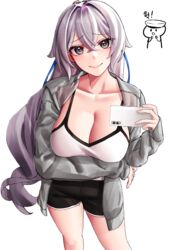  absurdres black_shorts breasts bronya_zaychik captain_(honkai_impact) closed_mouth collarbone commentary_request cowboy_shot drill_hair female grey_eyes grey_hair grey_jacket hair_between_eyes highres holding holding_phone honkai_(series) honkai_impact_3rd jacket large_breasts long_hair long_sleeves looking_at_viewer phone pyeong-il_pyeongil shirt shorts simple_background smile translation_request white_background white_shirt 