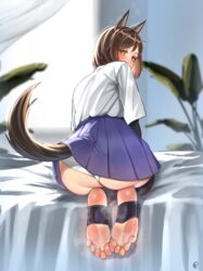  absurdres animal_ears ass bed_sheet black_thighhighs black_undershirt blue_sky blurry blurry_background brown_hair brown_tail commentary commission dog_ears dog_girl dog_tail english_commentary eyelashes feet female foot_focus from_behind full_body greek_toe high-waist_skirt highres kuroda_kunika leaning_forward looking_at_viewer looking_back medium_hair miniskirt nikishiko no_shoes noble_witches on_bed panties pixiv_commission short_sleeves signature skirt sky smell soles solo steaming_body stirrup_legwear tail thighhighs toeless_legwear toenails toes undershirt underwear white_panties world_witches_series yellow_eyes 