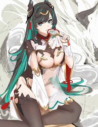  black_hair black_thighhighs breast_cutout breasts cleavage cleavage_cutout clothing_cutout colored_inner_hair detached_sleeves dragon_girl dragon_horns draph dress female fingerless_gloves gloves gradient_hair granblue_fantasy green_eyes green_hair hair_ornament highres horn_ornament horns large_breasts leotard long_hair looking_at_viewer multicolored_eyes multicolored_hair navel navel_cutout payila_(granblue_fantasy) pelvic_curtain pointy_ears red_eyes see-through see-through_dress solo stomach_cutout tassel tassel_hair_ornament thighhighs tuanshan two-tone_eyes two-tone_hair uki_kumo very_long_hair white_gloves 