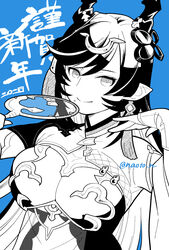  black_hair breast_cutout breasts cleavage cleavage_cutout clothing_cutout detached_sleeves dragon_girl dragon_horns draph dress female fingerless_gloves gloves granblue_fantasy greyscale_with_colored_background hair_ornament horn_ornament horns large_breasts leotard long_hair looking_at_viewer mole mole_under_mouth monochrome naoto_n navel_cutout payila_(granblue_fantasy) pelvic_curtain pointy_ears see-through see-through_dress solo stomach_cutout tassel tassel_hair_ornament tuanshan two-tone_eyes very_long_hair white_gloves 