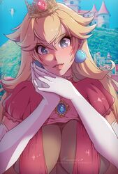  artist_name blonde_hair blurry blurry_background breasts castle commentary crown earrings elbow_gloves eyelashes female glint gloves grey_eyes hair_between_eyes himmely jewelry large_breasts long_hair mario_(series) own_hands_together parted_lips patreon_username pink_lips princess_peach princess_peach&#039;s_castle puffy_sleeves short_sleeves solo sphere_earrings teeth the_super_mario_bros._movie upper_body white_gloves 