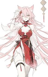  absurdres animal_ears arknights breasts detached_sleeves dress female hair_between_eyes highres long_hair looking_at_viewer medium_breasts oerba_yun_fang one_eye_closed pink_eyes pink_hair pozyomka_(arknights) red_dress short_sleeves simple_background skin_fang solo thighhighs tkarn77 very_long_hair white_background white_sleeves white_thighhighs wolf_ears wolf_girl 