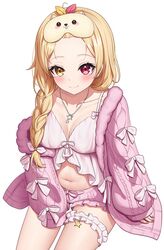  bangs_pinned_back blonde_hair blush braid breasts camisole cleavage closed_mouth collarbone commentary female forehead frilled_camisole frilled_shorts frills heterochromia highres hoshikawa_sara hoshikawa_sara_(7th_costume) jacket kag_tsukimi large_breasts long_sleeves looking_at_viewer loungewear midriff navel nijisanji official_alternate_costume official_alternate_hairstyle pink_jacket pink_shorts puffy_long_sleeves puffy_sleeves red_eyes shorts simple_background single_braid sitting sleep_mask sleeves_past_wrists smile solo symbol-only_commentary thigh_strap virtual_youtuber white_background white_camisole yellow_eyes 