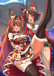  2girls animal_ears antenna_hair box brown_hair commentary daiwa_scarlet_(scarlet_nuit_etoile)_(umamusume) daiwa_scarlet_(umamusume) dress ear_covers fur-trimmed_jacket fur_armlet fur_jacket fur_trim gift gift_box gloves hair_intakes hair_over_one_eye highres holding holding_box holding_gift horse_ears horse_girl jacket leg_up looking_at_viewer multiple_girls official_alternate_costume pants plaid plaid_dress red_dress red_eyes red_gloves red_jacket tiara umamusume vodka_(nonfreezing_aqua_vitae)_(umamusume) vodka_(umamusume) white_gloves white_pants yuutopia 