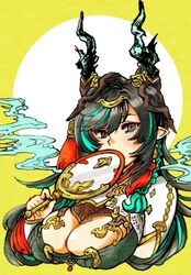  black_hair breast_cutout breasts cleavage cleavage_cutout clothing_cutout colored_inner_hair detached_sleeves dragon_girl dragon_horns draph female gradient_hair granblue_fantasy green_eyes green_hair hair_ornament horn_ornament horns koji_aotokage large_breasts leotard long_hair looking_at_viewer multicolored_eyes multicolored_hair payila_(granblue_fantasy) pointy_ears red_eyes solo tassel tassel_hair_ornament tuanshan two-tone_eyes two-tone_hair very_long_hair 