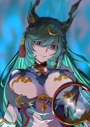  black_hair breast_cutout breasts cleavage cleavage_cutout clothing_cutout colored_inner_hair detached_sleeves dragon_girl dragon_horns draph dress female from_below gradient_hair granblue_fantasy green_eyes green_hair hair_ornament highres horn_ornament horns large_breasts leotard lipstick long_hair looking_at_viewer makeup mole mole_under_mouth multicolored_eyes multicolored_hair navel_cutout payila_(granblue_fantasy) pelvic_curtain pointy_ears qswsvir5r6gahyk red_eyes see-through see-through_dress smile solo stomach_cutout tassel tassel_hair_ornament tuanshan two-tone_eyes two-tone_hair very_long_hair 