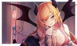  absurdres black_garter_straps black_skirt black_thighhighs blonde_hair breasts cleavage coat commentary_request demon_girl demon_horns demon_tail female garter_straps highres hololive horns lab_coat large_breasts long_hair looking_at_viewer pink_shirt pointy_ears shirt skirt sleeveless sleeveless_shirt smile solo tail thighhighs tongue tongue_out virtual_youtuber white_coat yoihami_294 yuzuki_choco yuzuki_choco_(1st_costume) 