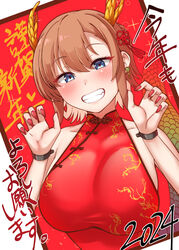  absurdres blue_eyes blush breasts brown_hair china_dress chinese_clothes chinese_zodiac collarbone dragon_horns dress female fingernails grin hair_between_eyes happy_new_year heart highres horns kantai_collection kiritto large_breasts long_hair looking_at_viewer nail_polish red_dress red_nails sleeveless sleeveless_dress smile solo teruzuki_(kancolle) upper_body year_of_the_dragon 