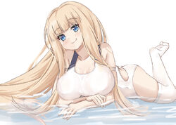  azur_lane bare_shoulders blonde_hair blue_eyes breasts closed_mouth competition_swimsuit crossed_arms female highres icarus_(azur_lane) icarus_(nereid&#039;s_discovery)_(azur_lane) large_breasts leg_up long_hair lying mumei_shumi official_alternate_costume on_stomach one-piece_swimsuit sidelocks simple_background smile solo swimsuit thighhighs water white_background white_one-piece_swimsuit white_thighhighs 