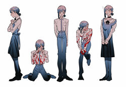  apron arm_at_side arm_behind_back bad_id bad_pixiv_id black_apron black_bow black_bowtie black_choker black_eyes black_footwear black_hair black_pants blood blood_on_clothes blood_on_face blood_on_hands blue_apron blue_footwear blue_necktie blue_pants blush_stickers bow bowtie breast_pocket chainsaw_man choker closed_eyes closed_mouth collared_shirt commentary_request crying female full_body gradient_clothes gradient_hair gradient_pants grey_hair hair_ornament hairclip hands_on_own_chest hands_up higashiyama_kobeni highres holding holding_weapon knee_up long_sleeves looking_ahead looking_down looking_to_the_side multicolored_hair multiple_views naotin3333 necktie on_floor open_mouth pants pantyhose pocket sad shirt shoes short_hair short_ponytail simple_background single_sidelock sitting smile standing standing_on_one_leg strap_slip sweater tearing_up tears unfinished v_arms wariza weapon white_background white_shirt white_sweater wiping_tears 