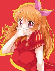  absurdres aikatsu! aikatsu!_(series) blush braid breasts commentary_request crown_braid crown_hair_ornament eine_(ein-faust) female hair_ornament hair_ribbon hand_on_own_nose hand_up highres large_breasts long_hair orange_hair ozora_akari partial_commentary pink_eyes pink_ribbon red_background red_shirt ribbon shirt soccer_uniform solo sportswear 