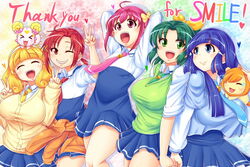  5girls aoki_reika blonde_hair blue_eyes blue_hair blush breasts candy_(smile_precure!) closed_eyes flat_chest green_eyes green_hair hairband hino_akane hino_akane_(smile_precure!) hoshizora_miyuki large_breasts long_hair midorikawa_nao multiple_girls necktie open_mouth pop_(smile_precure!) precure purple_eyes purple_hair red_eyes red_hair ribbon school_uniform short_hair sina_and_d skirt smile smile_precure sweater v wink yayoi_kise 