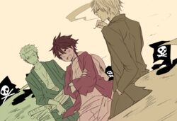  3boys cigarette closed_eye crossed_arms earrings flag green hair_over_one_eye hand_in_pocket haramaki hat jewelry jolly_roger male male_focus monkey_d_luffy multiple_boys one-eyed one_eye_closed one_piece open_clothes open_shirt pirate pirate_flag pixiv_manga_sample red red_shirt robe rokkasana roronoa_zoro sanji scar sheathed_sword shirt smoking stampede_string straw_hat trio yellow 