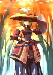  commentary_request female garuku green_hair hat hat_tip monster_hunter_(character) monster_hunter_(series) monster_hunter_portable_3rd saber_(weapon) shield short_hair solo standing sword weapon yukumo_(armor) 