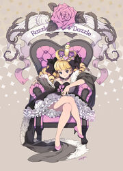  arched_crown blonde_hair bow chair chkuyomi commentary_request crossed_legs crown dress drill_hair female flower frills heart_crown jeweled_crown long_hair original photoshop_(medium) pink_flower pink_rose plant purple_crown purple_eyes rose sitting solo thorns vines wings 