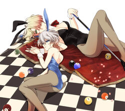  2girls 8-ball anejake animal_ears ball billiard_ball billiards black_leotard blonde_hair blue_eyes blue_leotard checkered_floor cherry_blossoms commentary_request cue_stick grey_hair hair_over_one_eye leni_milchstrasse leotard lying maria_tachibana multiple_girls pantyhose petals playboy_bunny rabbit_ears sakura_taisen sakura_taisen_ii short_hair 