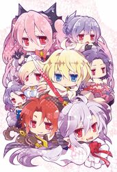  3girls 5boys ahoge arukanu bags_under_eyes bat_(animal) black_hair blonde_hair blue_eyes blue_hair blush breasts chess_belle chibi cleavage commentary_request crowley_eusford drill_hair ferid_bathory gradient_hair grey_hair horn_skuld hyakuya_mikaela krul_tepes lacus_welt large_breasts long_hair mekeko multicolored_hair multiple_boys multiple_girls oerba_yun_fang owari_no_seraph pink_hair red_eyes red_hair rene_simm ribbon smile twin_drills twintails two_side_up vampire very_long_hair 