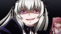  2girls commentary_request flower flower_over_eye green_eyes grey_hair kirakishou long_hair mtyy multiple_girls photoshop_(medium) pink_hair purple_eyes rozen_maiden simple_background suigintou troll_face 