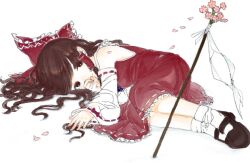  bad_drawr_id bad_id bad_link bow brown_eyes brown_hair detached_sleeves female flower gohei hair_tubes hairbow hakurei_reimu lying oekaki okari petals red_bow simple_background solo touhou 