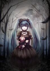  aqua_eyes aqua_hair black_dress bryanth commentary_request dress feathers female gothic_lolita hairband hatsune_miku highres lolita_fashion long_hair photoshop_(medium) ribbon solo stuffed_animal stuffed_toy teddy_bear twintails vocaloid 