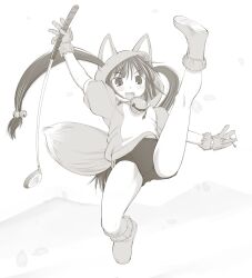  animal_ears ball bell boots buruma female fox_ears fox_tail gloves golf_ball golf_club hair_bell hair_ornament hood hoodie kasuga_yukihito kooh long_hair monochrome pangya solo tail twintails 