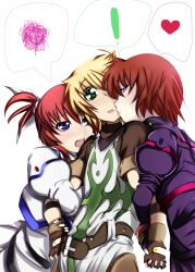  1boy 2girls ahoge belt blonde_hair blue_eyes brown_hair commentary_request confused fingerless_gloves frustrated gloves green_eyes hair_ribbon heart highres hug jealous kissing long_skirt love_triangle lyrical_nanoha magical_boy magical_girl mahou_shoujo_lyrical_nanoha mahou_shoujo_lyrical_nanoha_a&#039;s mahou_shoujo_lyrical_nanoha_a&#039;s_portable:_the_gears_of_destiny multiple_girls ribbon short_hair skirt stern_the_destructor straight takamachi_nanoha twintails yuuichi_(eunoxline) yuuno_scrya 