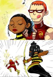  1boy angry arrow bow bow_(weapon) breasts brush bumble_bee cartoon_network comb dark_skin dc_comics domino_mask female karen_beecher lips mask roy_harper shirt speedy striped striped_shirt teen_titans tongue weapon 