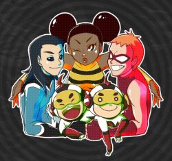  4boys aqua_lad bee_costume black_hair bodysuit brother brothers bumble_bee cartoon_network dark_skin dc_comics domino_mask double_bun female fingerless_gloves garth gloves goggles hug insect_wings karen_beecher ladama mas_(dc) mask menos_(dc) multiple_boys orange_hair pixiv_thumbnail resized roy_harper shirt siblings smile speedy striped striped_shirt superhero teen_titans twins wings 