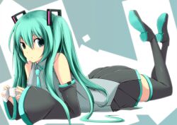  aqua_eyes aqua_hair bad_id bad_pixiv_id boots controller detached_sleeves female game_controller hatsune_miku kichihachi long_hair looking_at_viewer lying necktie on_stomach photoshop_(medium) skirt solo the_pose thigh_boots thighhighs twintails vocaloid zettai_ryouiki 