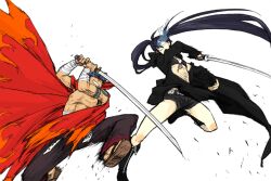  black_hair black_rock_shooter blue_eyes blue_hair cape gun kamina kuroi_mato sunglasses sword tattoo tengen_toppa_gurren_lagann twintails weapon 