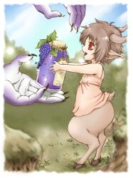  berries brown_hair claws grass hand hands hooves horns jar jo_hi joka_(hiwai) leaf lolicon monster_girl purple_skin red_eyes satyr short_hair size_difference smile standing 